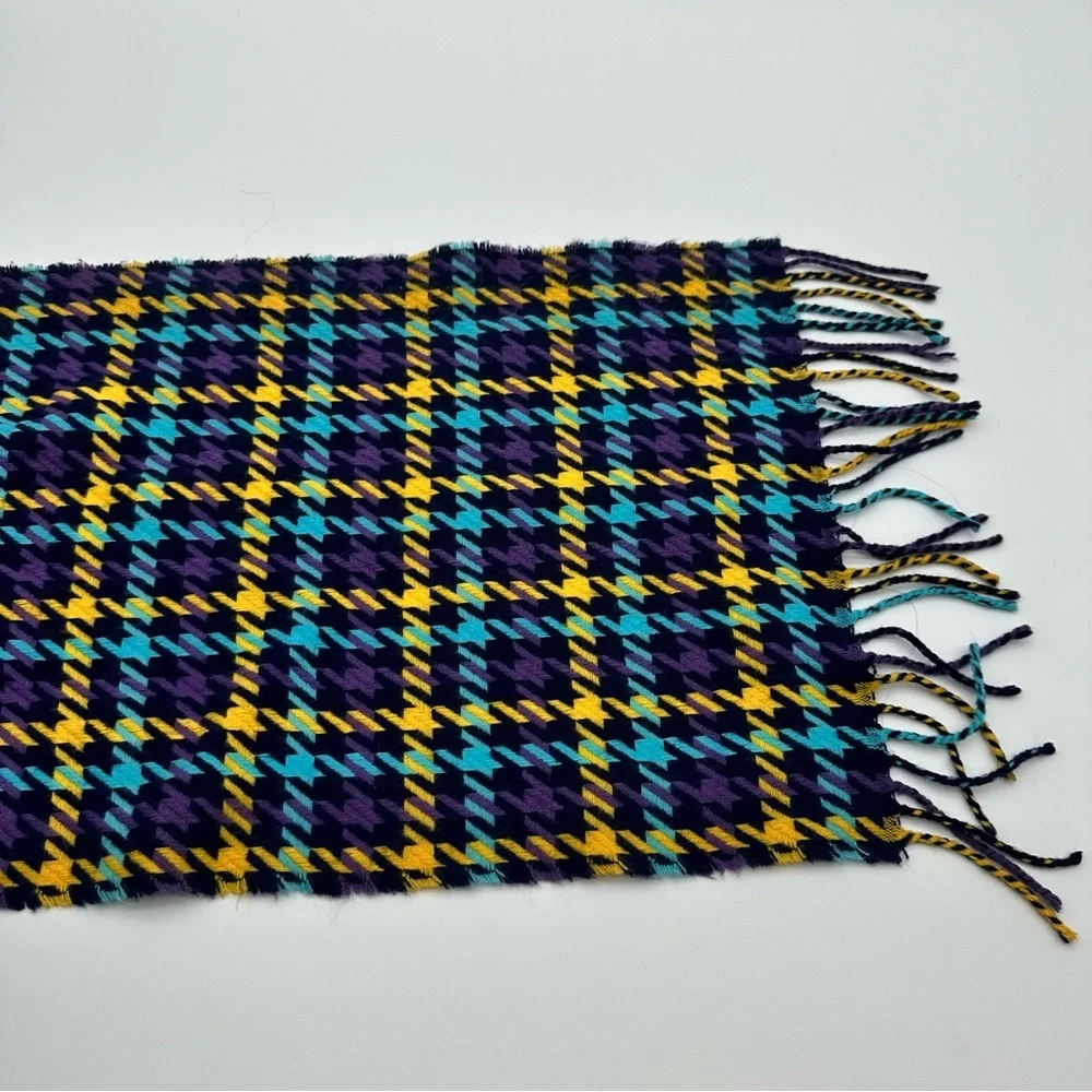 100% Cashmere Plaid Houndstooth Multicolor Scarf with Fringe